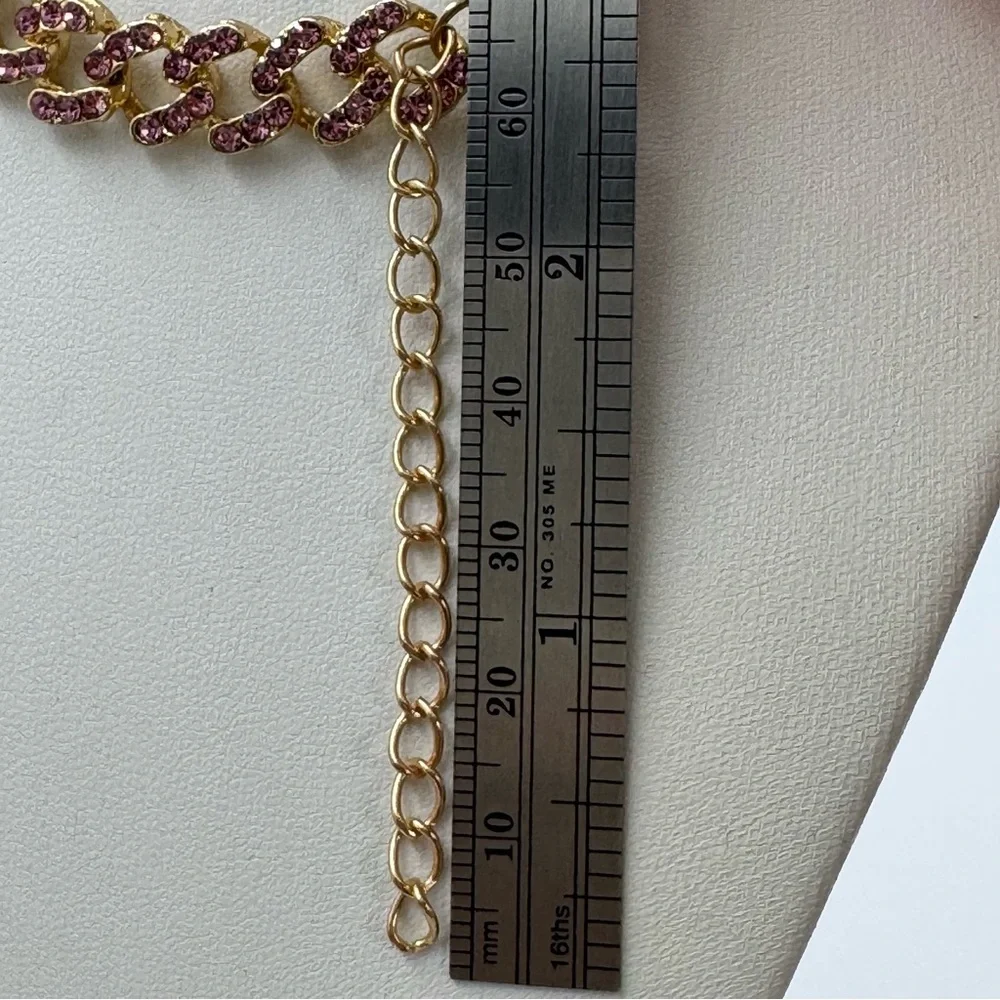 Gold Tone and Pink Rhinestone Cuban Link Butterfly Necklace Small Choker or Kids